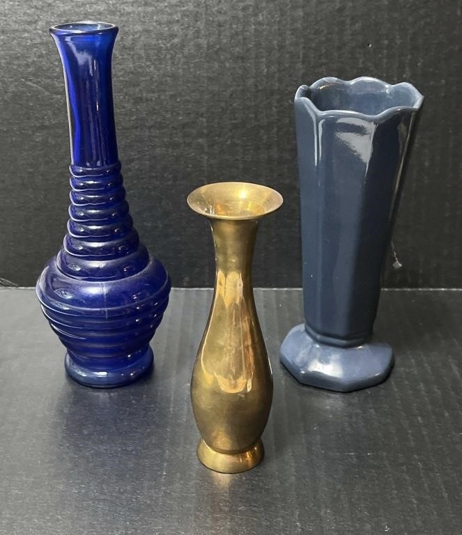 3 vases:  Frankoma, blue glass USA & brass