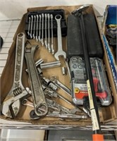 TRAY OF HAND TOOLS, WRENCHES, MISC