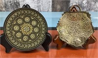 Small decorative brass plates with stands