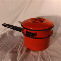 Enamel Pot Orange Double Boiler Black Mid-Century