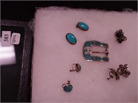 Sterling items: belt buckle with inlaid turquoise