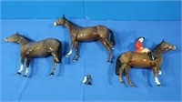 3 Ceramic Horses-1 w/Rider (1 Leg Broken on Each)
