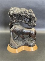 Dark Wood Sculpture Lion Under Tree