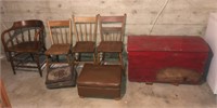 Wooden chest, 4 wooden chairs, 2 footstools