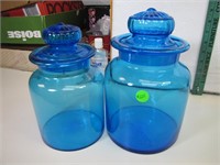 2 Vtg Blue Canisters (small 1 has short crack in