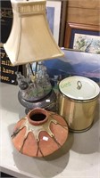 3 items, antique cruet set lamp, pottery bowl