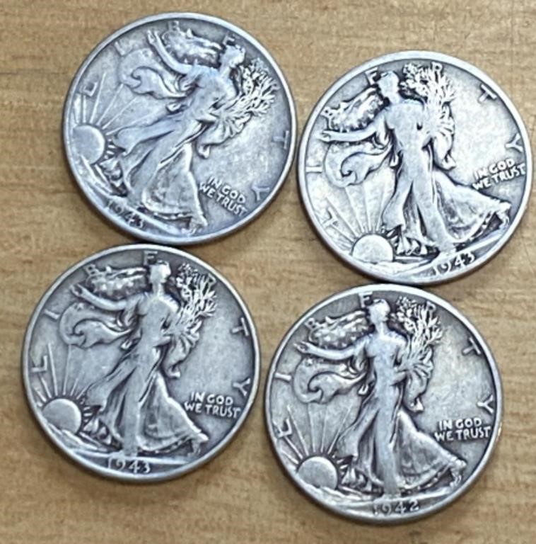 4 Walking Liberty Silver Half Dollars