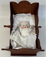 LOVELY SIGNED ANTIQUE DOLL CRADLE W PORCELAIN DOLL