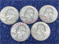 (5) Washington Silver Quarters (90% silver)