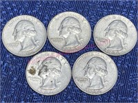 (5) Washington Silver Quarters (90% silver)