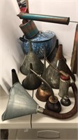 Vintage funnels, oil cans, pot & sprayer