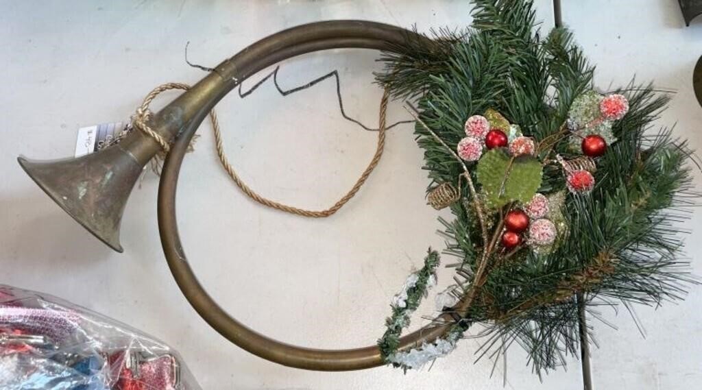 Vintage Brass Horn with Christmas Foilage