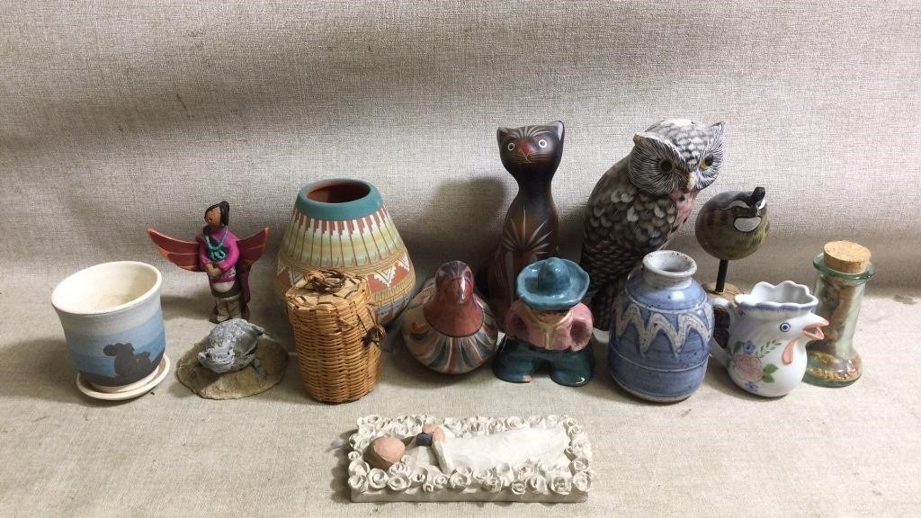 Owl & Cat Wooden Statue,Mexican Pottery Quail