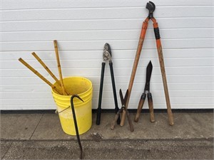 Pail of hedge trimmers, lopper, pruner, misc