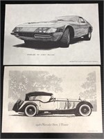 Two vintage vehicle sketch prints
