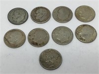 (8) Silver Roosevelt Dimes & (1) Mercury Dime