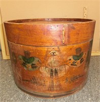 Japanese wood wig box w/enamel decoration &