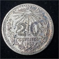 1937 Mexico 20 Centavos - Silver Toner