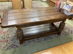 VINTAGE WOODEN TABLE WITH CARVED LEGS 72 IN X 30 I