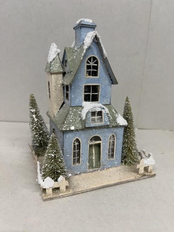 Blue glitter Christmas house vintage 8" x 5 1/2"