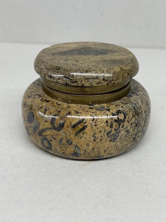 Inkwell container stone with brass lid jar 2