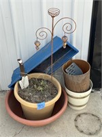 yard ornament, tin, flower pots, hand shovel