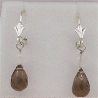 STERLING SMOKY QUARTZ &  MOONSTONE EARRINGS