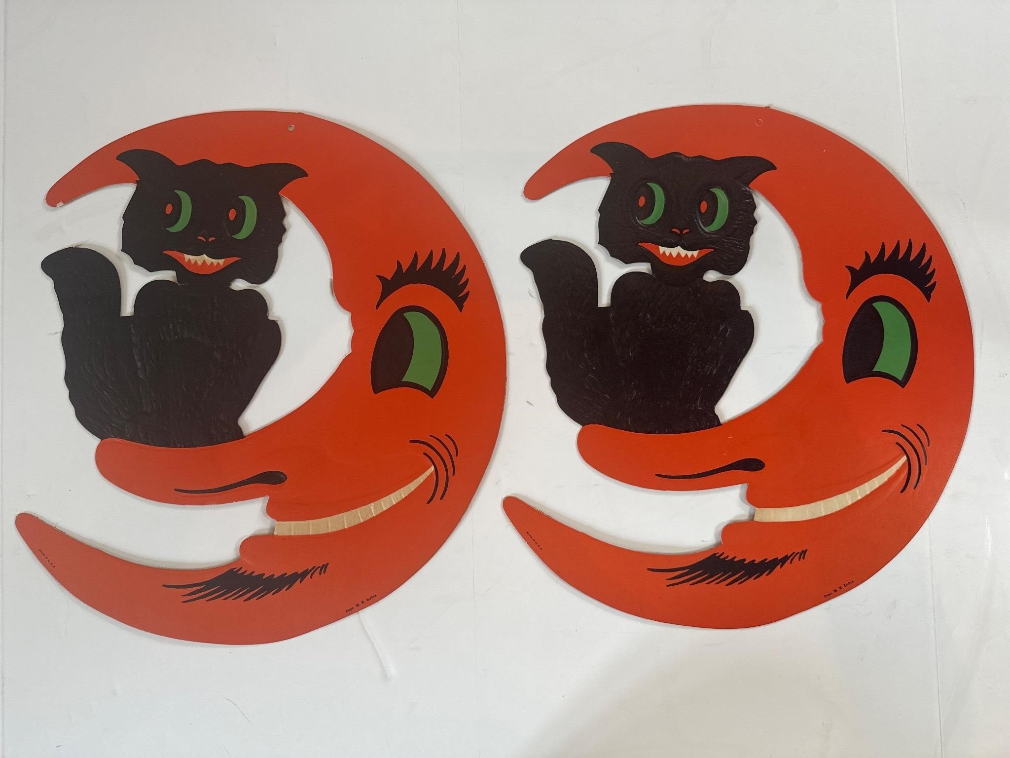 2 Vintage Halloween black cat Luhrs die cut decor