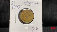 1943 Tombac 5 cent Canadian coin