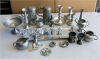 Box of Pewter Pieces: Steins Candles Platter Etc