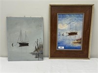 2 Sailboat Paintings Signed Blok & Model Ship