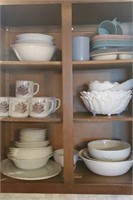 Cabinet of dishes, milk glass dinnerware, mugs