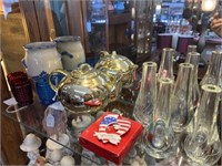 Etched Glass Vases, Teapot, Storage Crock, etc.