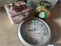 clock and 2 metal tins