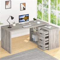 L Shaped Computer Desk with 3 Drawers and 2 Shelvh