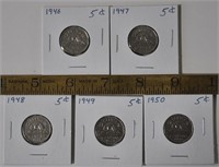 1946 thru 1950 Canada 5 cent coins