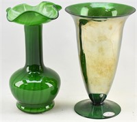 Pair of 2 Green Glass Vases