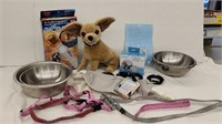 Small dog accessories. Food bowls, leash,