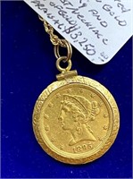 1885 $5.00 GOLD CORONET COIN PEND NECKLACE