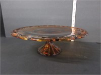 LARGE VINTAGE AMBER GLASS PEDESTAL CAKE PLATE