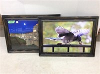 2 framed photo replicas, bird and fountains, 21 x