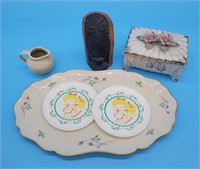 Lenox Platter, Virgina Pottery Creamer, Wood Carvi