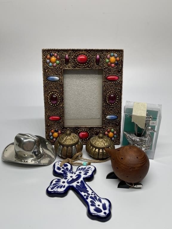 Mixed Home Decor: Frame, Hat, Cross, Brass Boxes