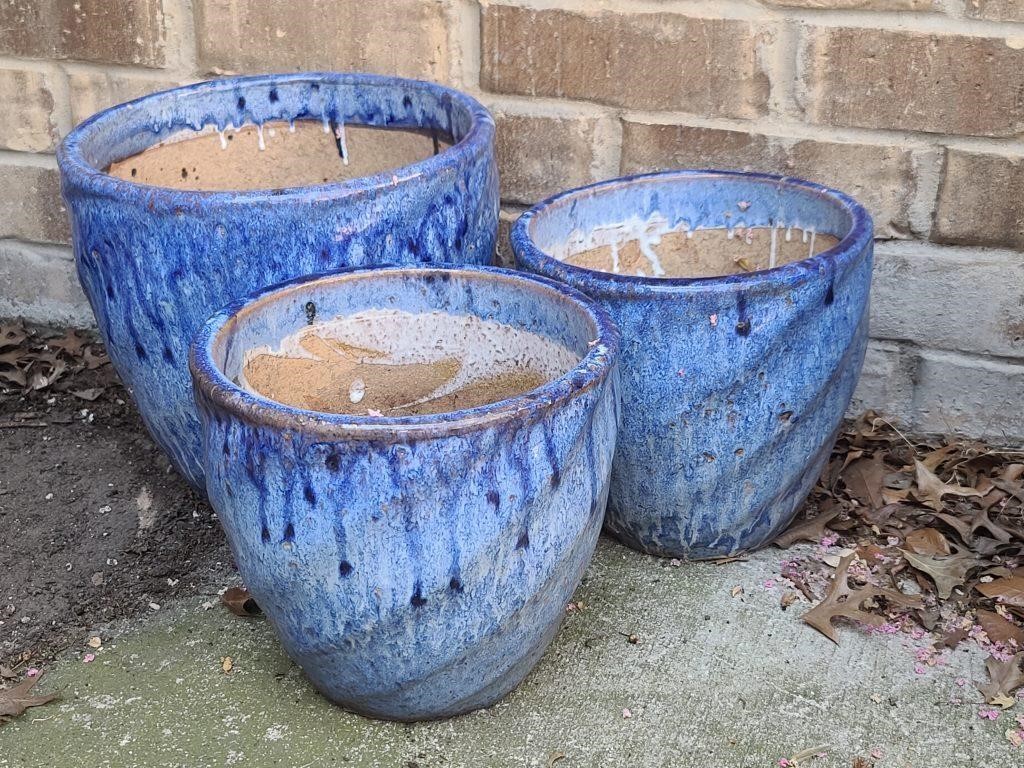 3- Set of Blue Drip Glaze Pottery Outdoor Planters