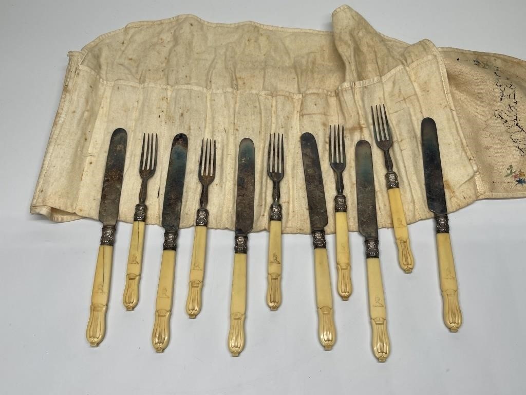 (11) Antique Bone-Look Carved Handle Flatware: