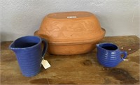 POTTERY CREAM AND SUGAR AND BREAD PAN