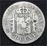 1894 Spain 50 Centimos Silver Coin