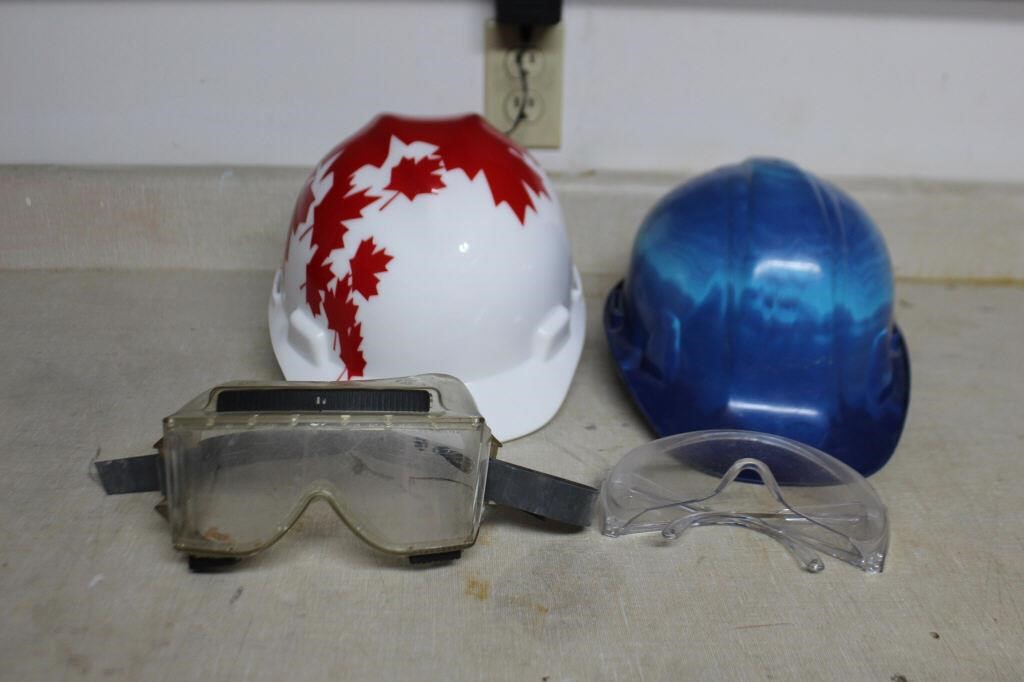 Safety goggles, glasses and 2 hard hats