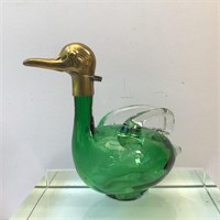 MID CENTURY DUCK DECANTER IN GREEN GLASS