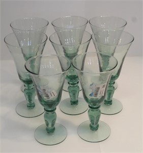 SET OF 8 GREEN TINTED GLASS WINE GOBLETS